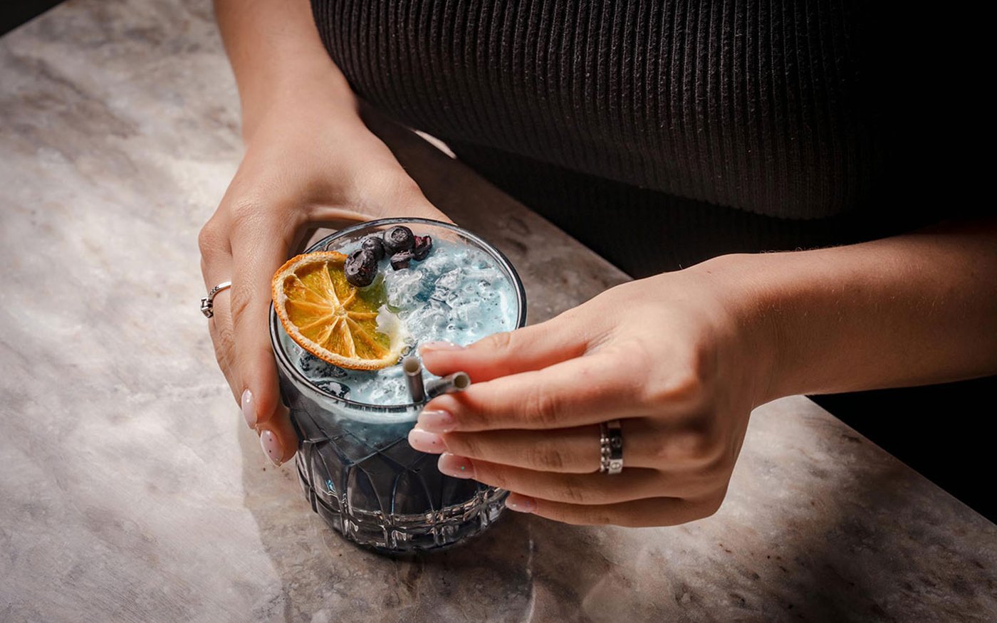 Alcohol-free blue signature mocktail at Decorum Birmingham mocktail lounge