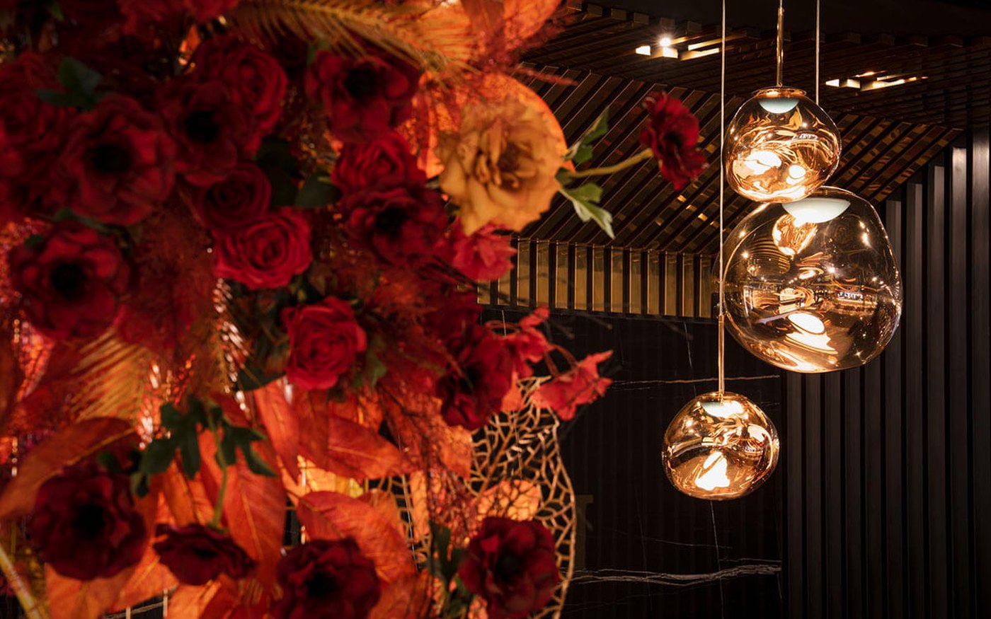 Floral installation and lighting styling for a Nikkah dinner at Decorum Birmingham